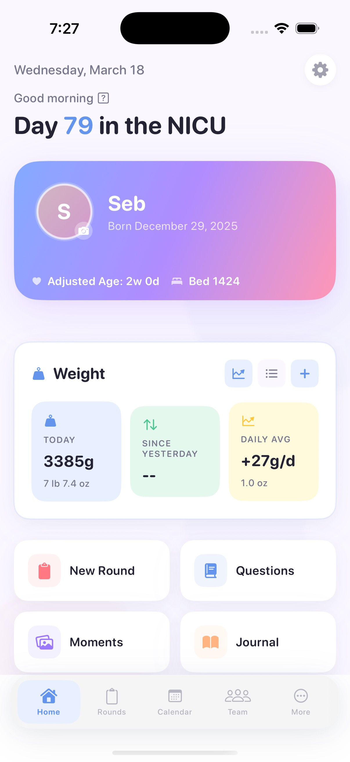 Roo app home screen showing Day 79 in the NICU